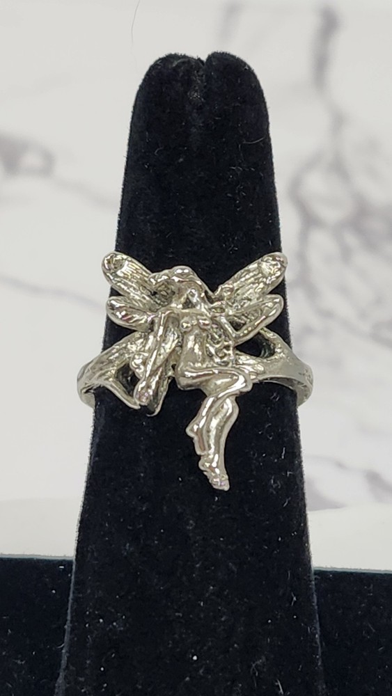 Vintage Silver Tone Pixie Fairy Statement Ring Winged Angel Costume Jewelry