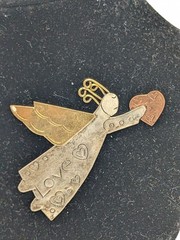 Vintage Mixed Metals Embossed Welded Angel W/ Heart Brooch Pin Love Pin