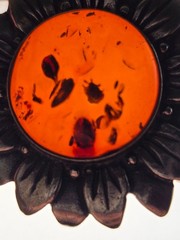 Vintage Brown Natural Amber Pin Brooch, Sunflower-Shape, Sterling Silver, Latvia