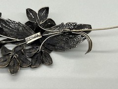 Antique Ornate 900 Silver Filigree Flower and Leaf Large 3.25” Brooch Signed
