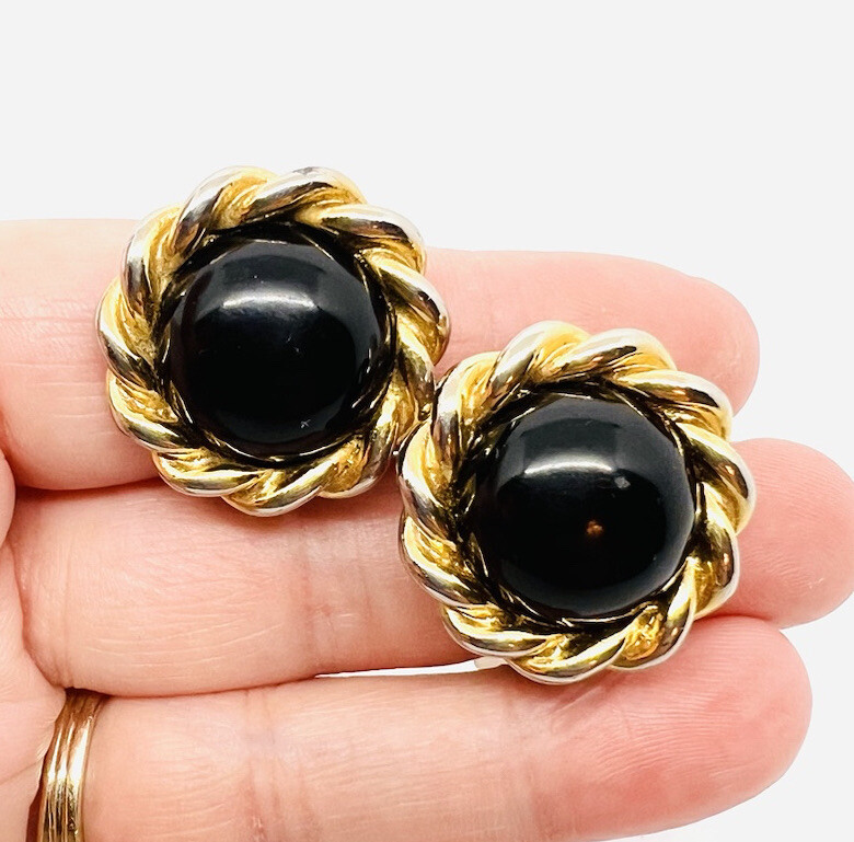 Large PAOLO GUCCI Rope Twist Black Cabochon Clip Backs Vintage Jewelry
