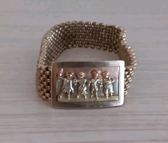 Antique *Damaged* Brass Mesh Link Bracelet Rectangle Clasp People Scene 7″