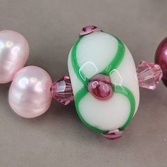 Glass Beaded Bracelet Lampwork Pink Freshwater Pearl Handmade 6.75″