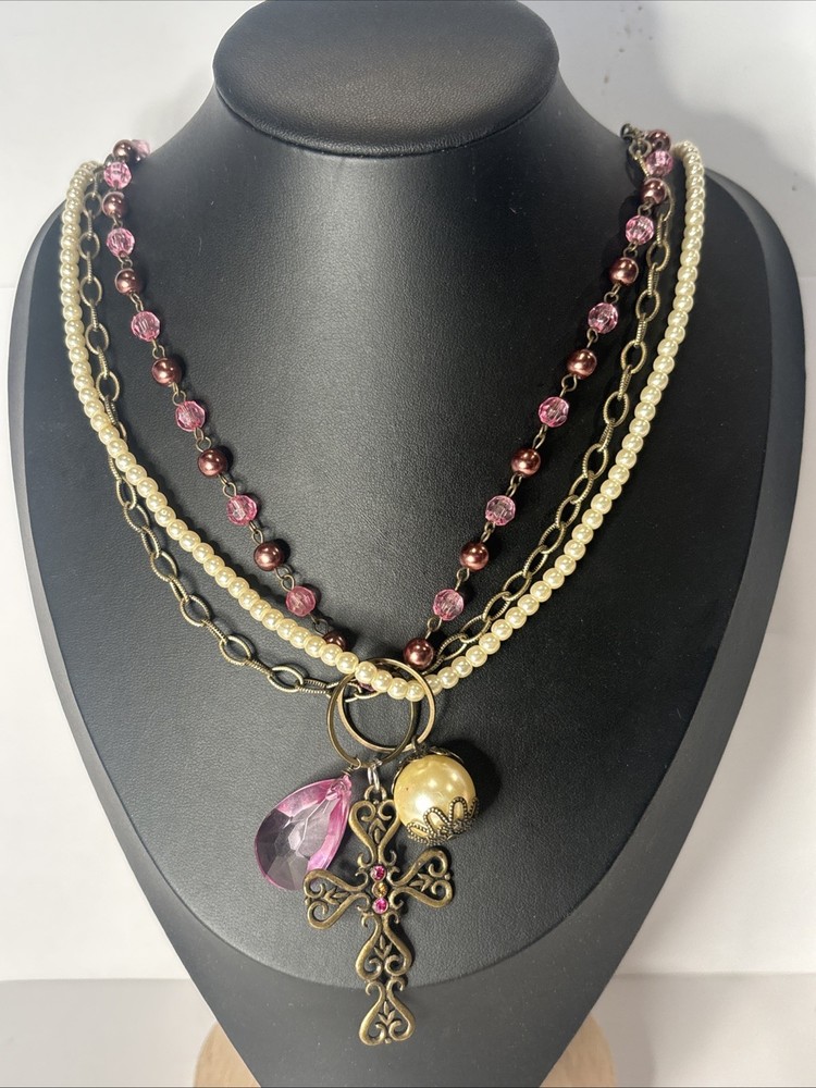 Vintage Y2K Bronze Layered Faux Pearl Pink Crystal Cross Charm Necklace Boho 36″