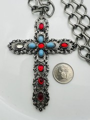 Vintage Signed Celebrity Cabochon Rhinestone Cross Pendant Necklace 28” READ