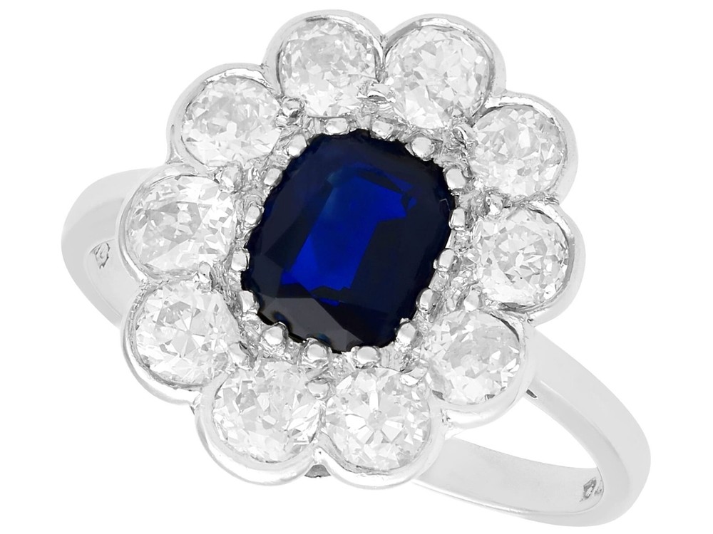 Antique 1.07 Ct Sapphire and 1.54 Ct Diamond Platinum Cluster Ring Circa 1920
