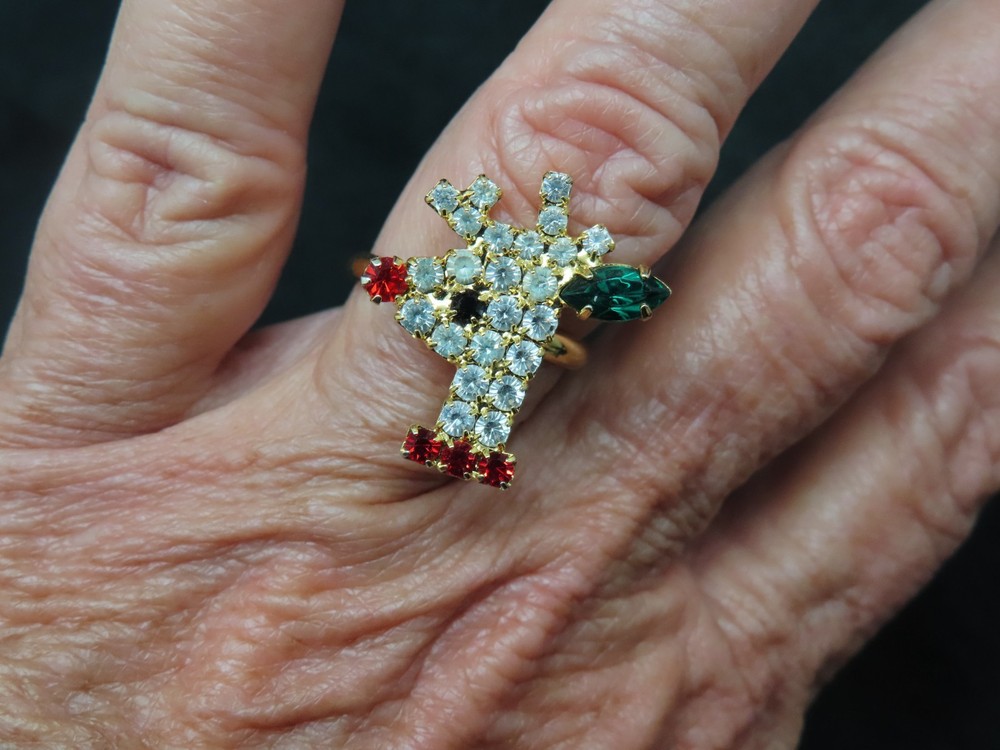 Vintage Gold Tone Xmas Rudolph Reindeer Rhinestone Ring ADJUSTABLE