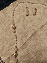 White Glass & Pink Quartz Butterfly Cloisonne Beads Necklace & Earrings Set 27 L