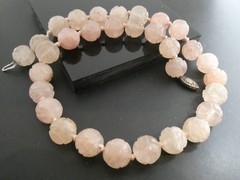 Vintage Chinese Rose Quartz Carved Round 14mm Shou Bead Knotted Necklace 19″
