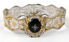 1920s Art Deco Rhodium & Gold Filigree Bangle Bracelet Onyx Stone 6.25 in