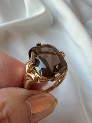 14K YELLOW GOLD LARGE SMOKY QUARTZ RING BEAUTIFUL RICH CHOCOLATE BROWN COLOR