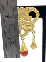 Vintage Etruscan Revival Brushed Gold Drop Dangle Lucite Red Carnelian Earrings