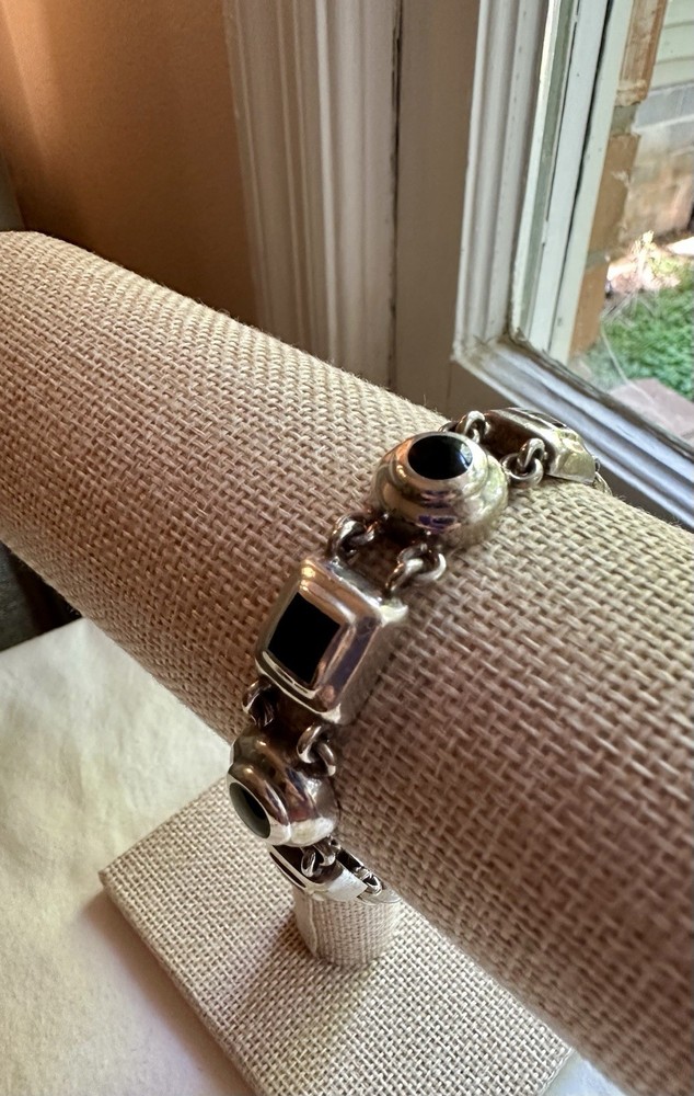 Vintage Taxco Mexico signed sterling silver black onyx bracelet