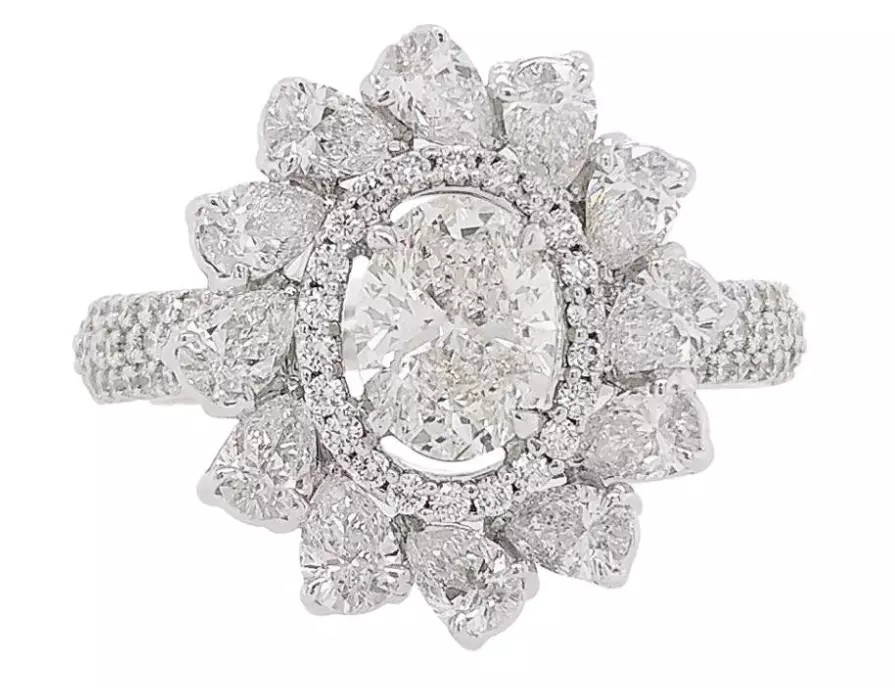 Lab-Created Glittering White Pear, Oval & Round Cut 1.46CT Diamonds Flower Ring