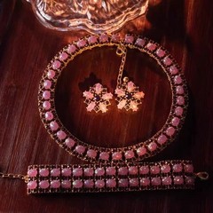 Vintage Pink Opal Necklace Earrings Bracelet Set Gold Tone Statement Jewelry