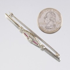 Estate 14k White Gold Art Deco Era Diamond and Ruby Bar Brooch Pin GAL Appraisal