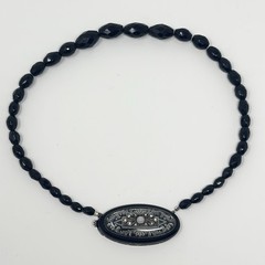 Vintage Art Deco 14” Black Glass French Jet Beaded Ornate Silver Tone Necklace
