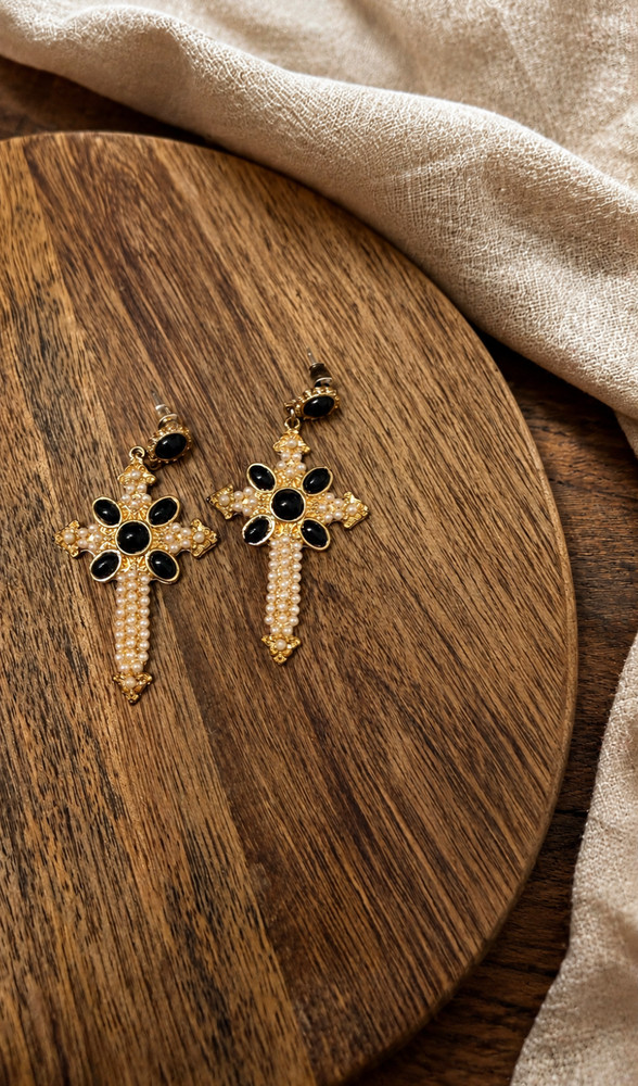 Vintage Gothic Cross Drop Earrings Black Cabochon Faux Pearl Gold Tone Statement