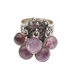 925 Sterling Silver Vintage Mexico Real Amethyst Dangle Charms Ring Size 8.25