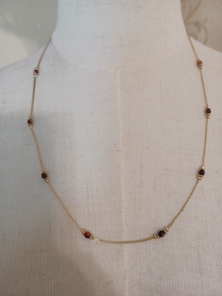 Vintage 1970s 24 inch Korea Stamp Gold-tone Minimalist Necklace w/Tiger’s Eye