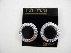 (13) NEW VINTAGE JEFF LIEB ~ SILVER TONE / BLACK ENAMEL ~ CLIP EARRINGS