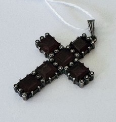 Vintage German 935 Silver Bohemian Garnet Cross Pendant Art Deco w/ Marcasite ￼