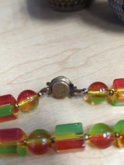 Vtg Multi-Colored Bakelite Cube Ball Necklace with Gold-Plated Clasp Metal Beads