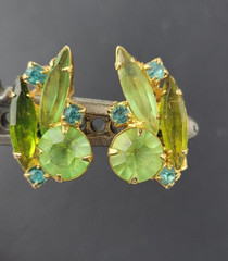 Vintage Juliana Green Blue Navette Round Rhinestone Clip On Earrings NO GLOW