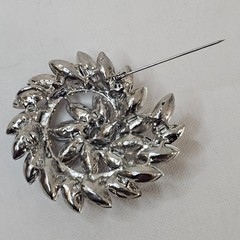 Silver Metal Colored Swirl Brooch Blue Gray Navette Rhinestone Unmarked Pendant