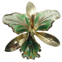 Orchid Flower Brooch Pin Enamel Green White and Rhinestones Vintage