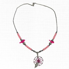 VTG Dreamcatcher Necklace Silver Tone Pink Bird Beaded Choker Southwest Handmade