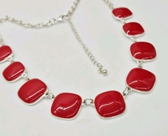 Red Enamel Square Link Necklace Silver tone Art Deco Collar Vintage 21 in