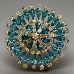 Rhinestone Brooch Domed Pin Round Circle Blue/Baguette Vintage Style Jewelry Xlg