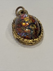 Vintage Dragon’s Breath Glass Pendant, Faux Fire Opal Gold Tone Oval Charm