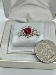 Vintage Heart Shaped Pinkish Red & Clear Cubic Zirconia Sterling Ring Size 9 1/4