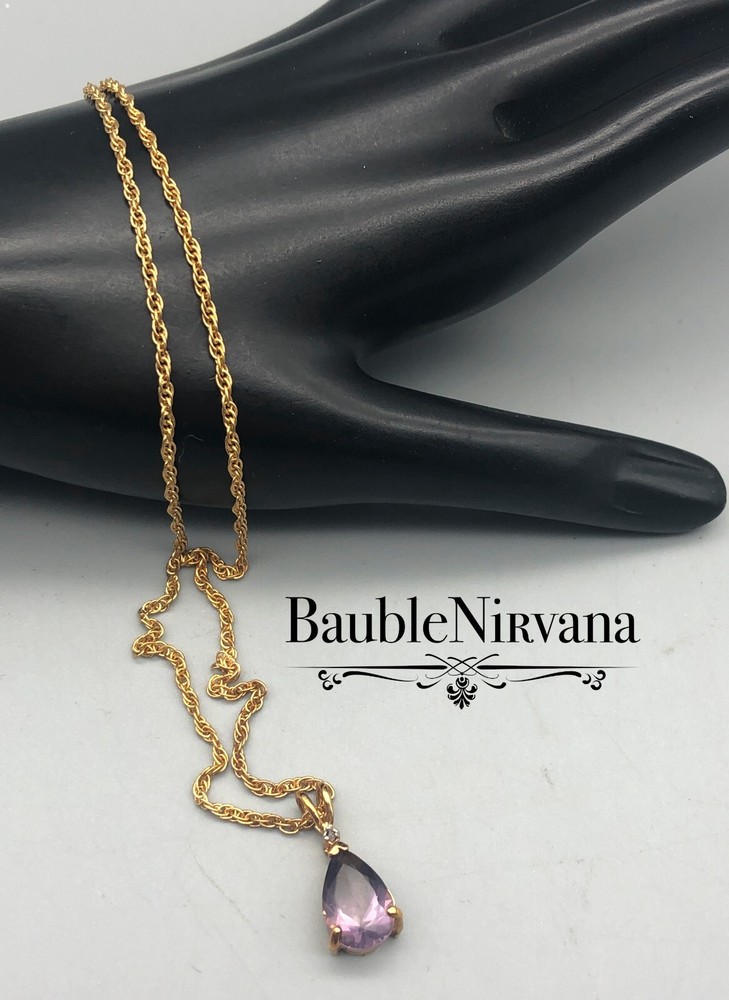 Vintage Yellow Gold Plated Amethyst & Diamond Pendant & Twisted Rope Chain
