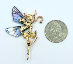 Gold Tone Rhinestones & Fairy With Purple Wings Brooch Contemporary