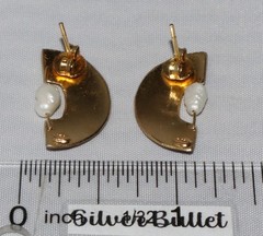 Vintage Sterling Silver Gold Wash Guilloche? Purple Enamel Pearl Post Earrings
