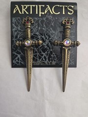 Vtg JJ Artifacts Sword Earrings Crystals Rhinestones GOTH On Card NOS