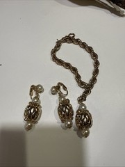 1950s Magic Lantern Gold Tone Rhinestone Earrings Necklace Charm Bracelet Set