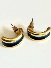 Vintage Signed Black Enamel Gold Tone Half Hoop Earrings Retro Quiet Luxury EUC