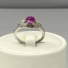 Pink Sapphire Ring Silver Tone Band Round Faceted Stone Ornate Birthstone 8