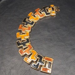 Vintage Gold Tone Link Bracelet Black Brown Enamel. 18.151