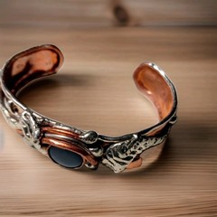 Artisan Cuff Bracelet Mixed Metals Copper Onyx Stone Slight Flex Brutalist 0198