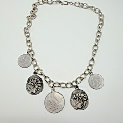 Vintage Coin Charm Necklace Grechian Silver Toned Size 18.5”