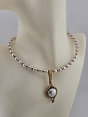 Vintage 1950’s Miriam Haskell Glass Pearl Necklace/ Chocker Rhinestone Pendant