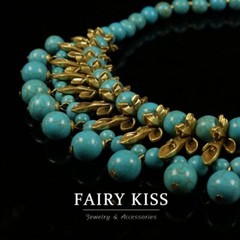 Electroplated antique gold and turquoise handmade bead necklace vintage jewelry
