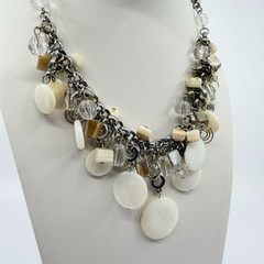 Vintage Silver Tone Mother of Pearl Necklace Multi Strand Cluster Charm Bib Boho