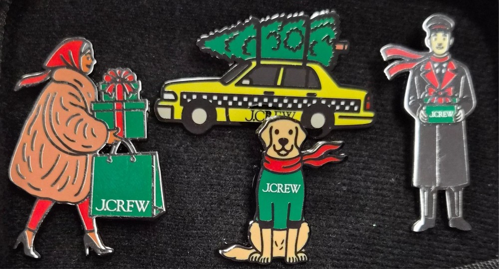 Vintage 90’s J. Crew 4pc Enamel Holiday Shopping Christmas Pin / Brooch Set