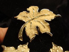 Leaf Shaped Clip Earrings & Brooch, Cream Color “Emmons” 3 Piece Set (195)